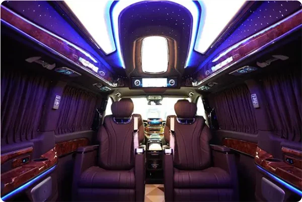 The high-roof Mercedes-Benz Maybach seven-seat van has beautiful large dome lights